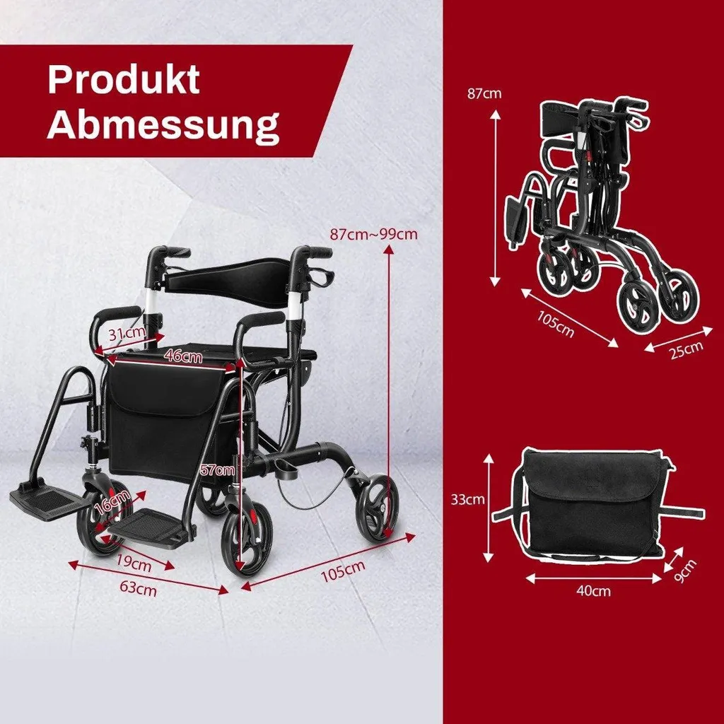 Rollator 4 roues convertible en fauteuil roulant de voyage réglable - 2
