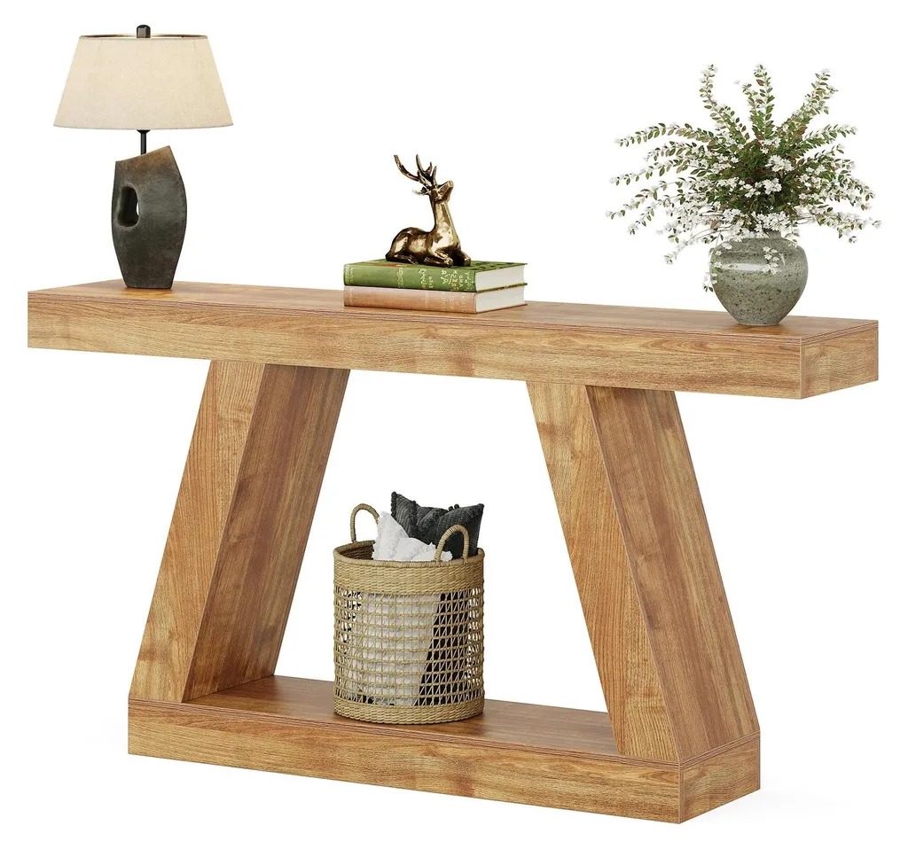 Table console industrielle beige 2 niveaux - Meuble d'entrée 100x35cm
