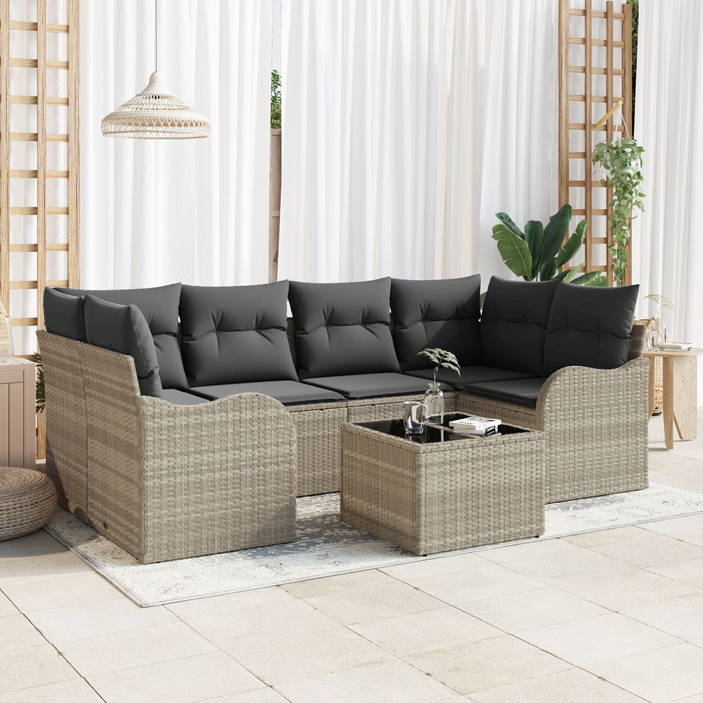 Desgin 7-teiliges Garten-Sofa-Set mit Kissen Hellgrau Poly Rattan - Gartensofas 3354271