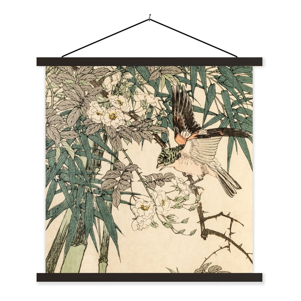 MuchoWow Textilposter Roter Vogel im Bambus 90x90 cm mit schwarzem Rahmen - Magnetisches