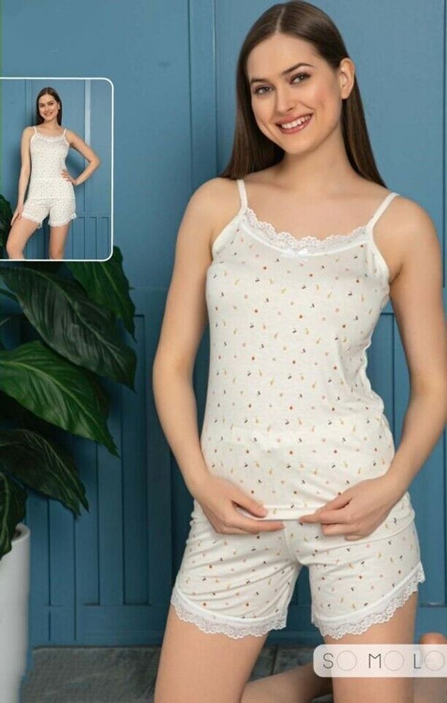 Damen Pyjama Schlafanzug Shorty Weiß L Kurz %100 Viskose 2 Teiler M-84