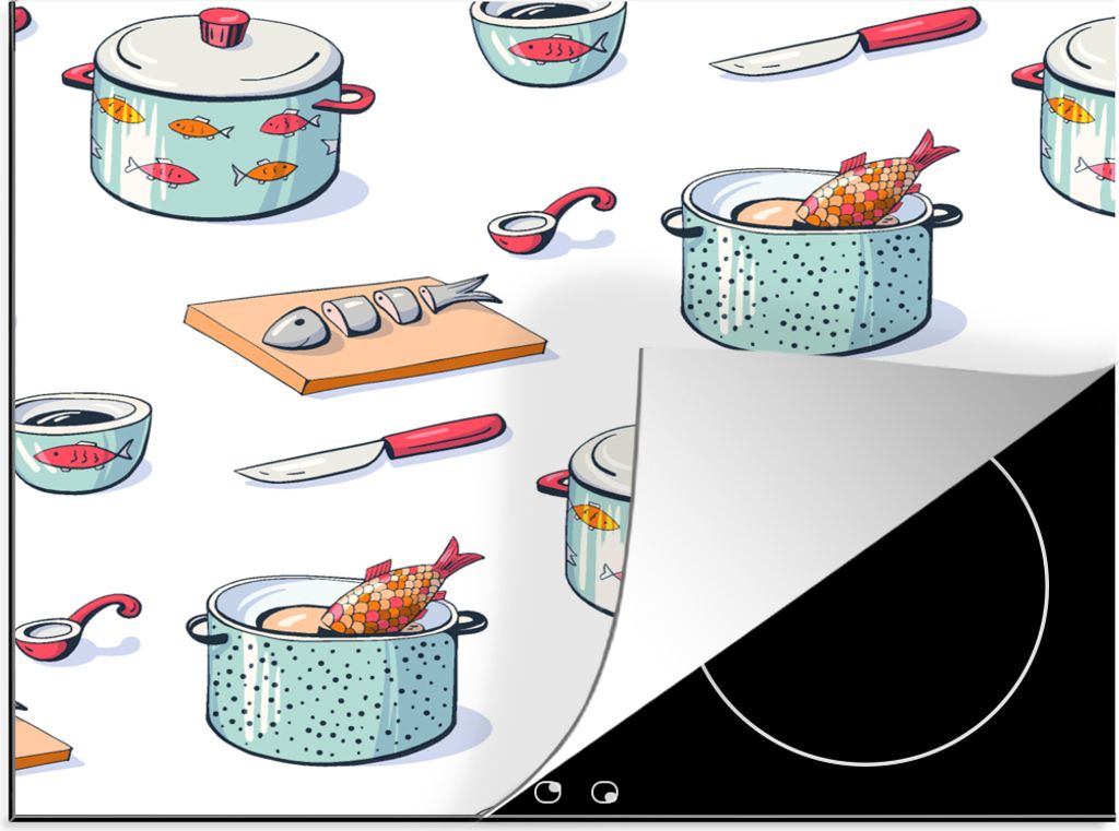 KitchenYeah Herdabdeckplatte Muster - Kochen - Fisch - Pfanne , 60x52cm, Küche Deko, Glaskeramikkochfeld Herdabdeckung, Abdeckplatte fùr Kochfeld