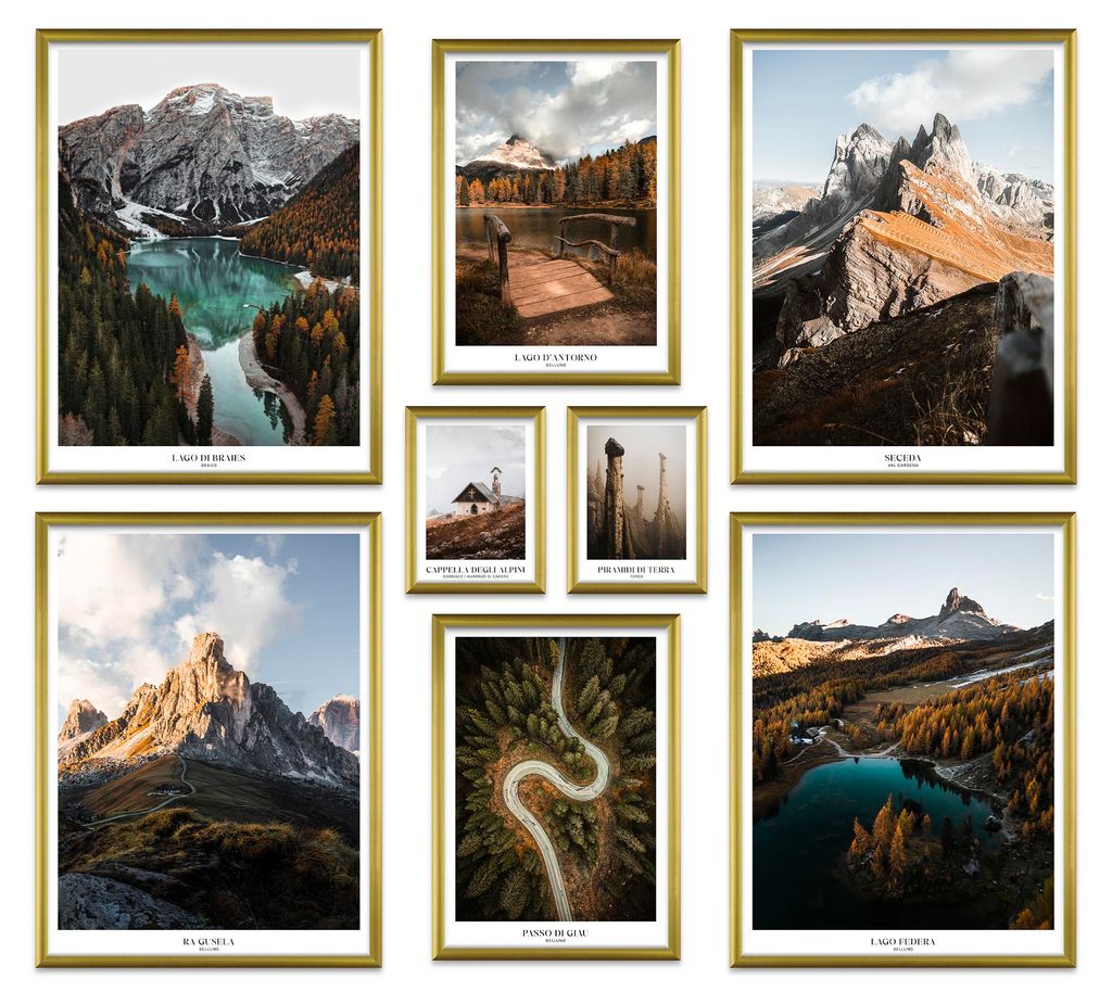 ARTFAVES Poster Set - The Dolomites I mehrteilige Bilderwand für Wohnzimmer, Schlafzimmer I Wandbilder Berge I mit Rahmen Gold