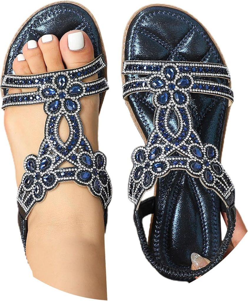 ASKSA Damen Glitzer Sandalen Sommer, Strass Sandalen Elegant Flach Schuhe, Dunkelblau, Groesse: 39