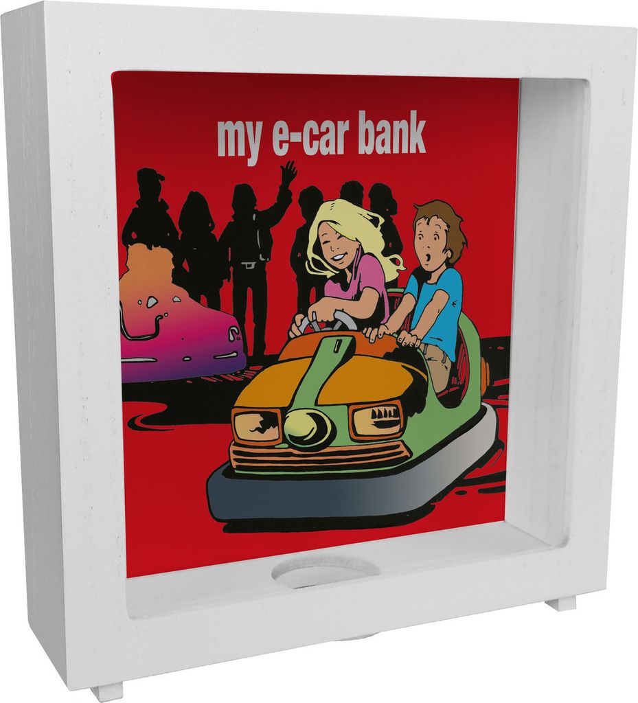 my e-car bank Boxauto Rahmen Spardose aus Holz für ein E-Auto in rot