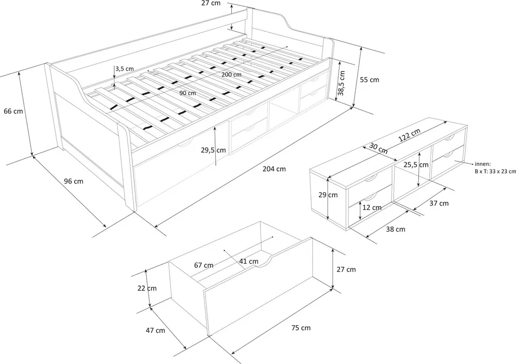 Lit d'enfant 90x200 cm modulable blanc idéal pour gagner de la place