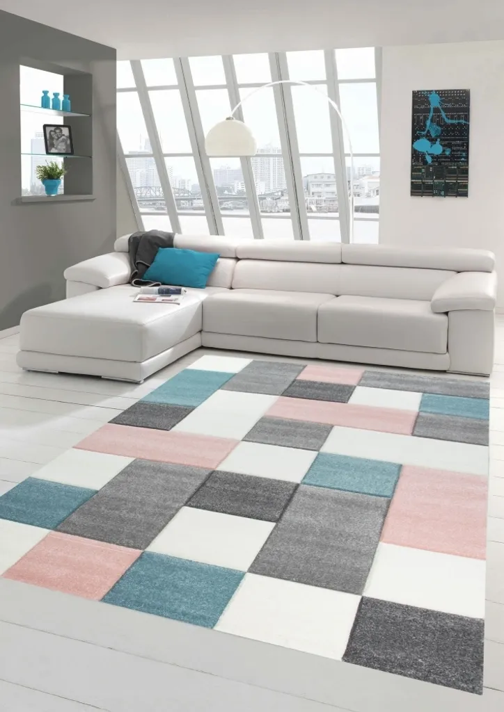 Tapis de salon 120 cm rond à carreaux colorés rose gris et turquoise