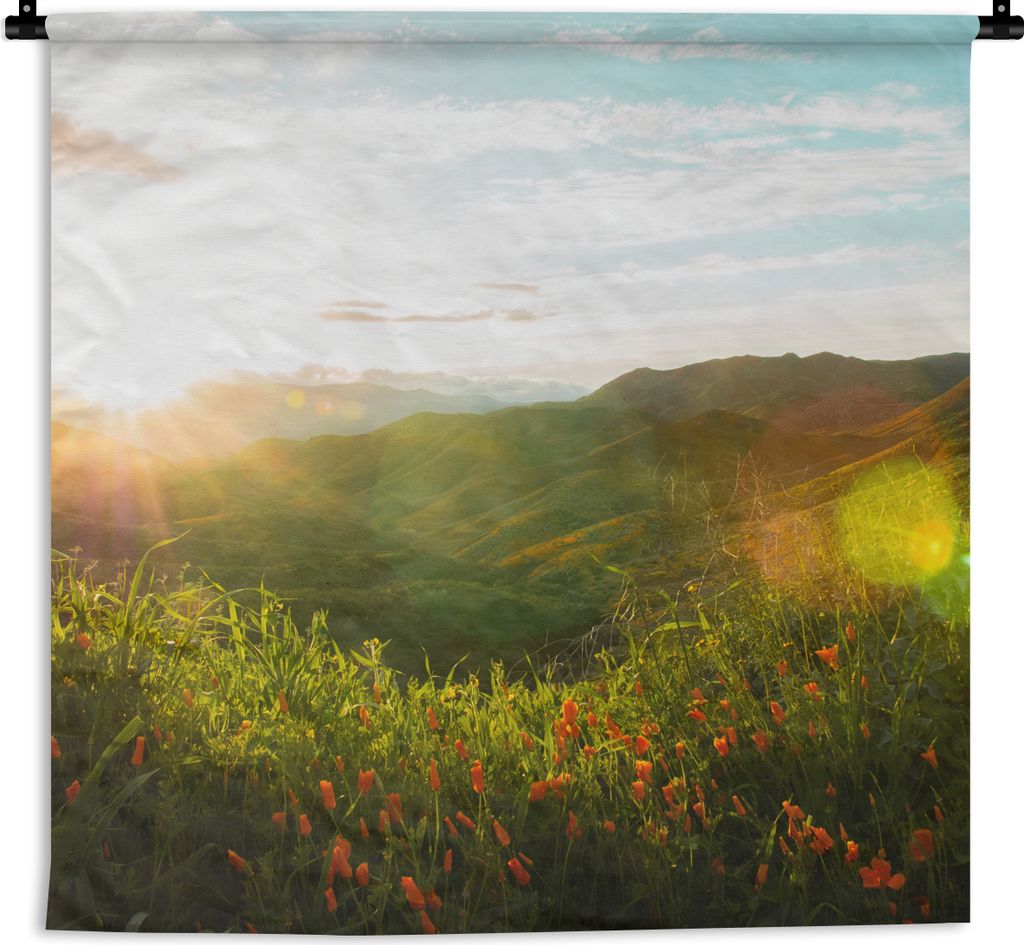 MuchoWow Wandteppich Wandbehang Hügel - Sonnenuntergang - Gras - Grün 120x120 cm Tapisserie Dekoration Wandtuch - Modern - Baumwollgewebe
