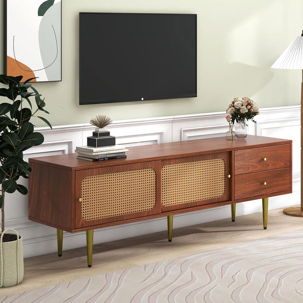 Meuble TV Grand Écran 160cm Rangement Rotin pour Salon Vintage Cosy