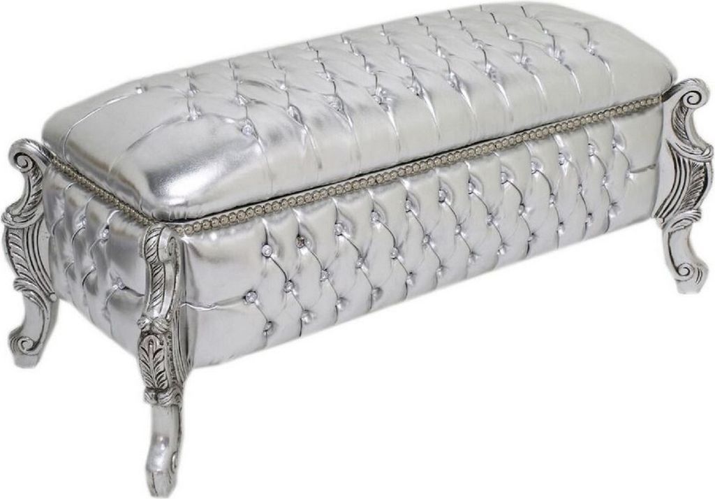 Casa Padrino Barock Sitzbank / Truhe Silber Lederoptik / Silber - Gepolsterte Massivholz Bank mit Glitzersteinen - Möbel im Barockstil