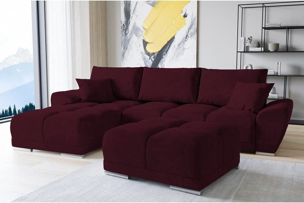 Set Velvet Ecksofa in L-Form 289 x 189 cm + Polsterhocker, Sofa mit Schlaffunktion, Fußhocker, Schlafsofa mit Bettkasten, Sitzpouf Farbe: Kastanie...