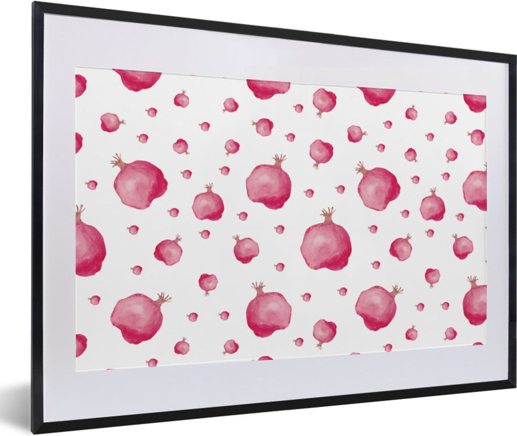 MuchoWow Gerahmtes Poster Granatapfel - Rosa - Schablonen - Aquarell 60x40 cm - Poster mit Schwarzem Bilderrahmen Wandposter Rahmen Foto Bilder -...