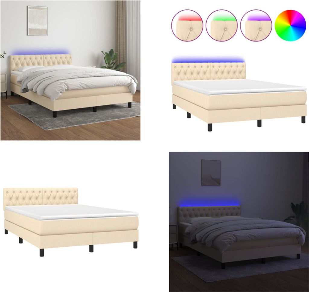 vidaXL Boxspringbett mit Matratze & LED Creme 140x200 cm Stoff - Boxspringbett - Boxspringbetten - Bett - Schlafzimmermöbel