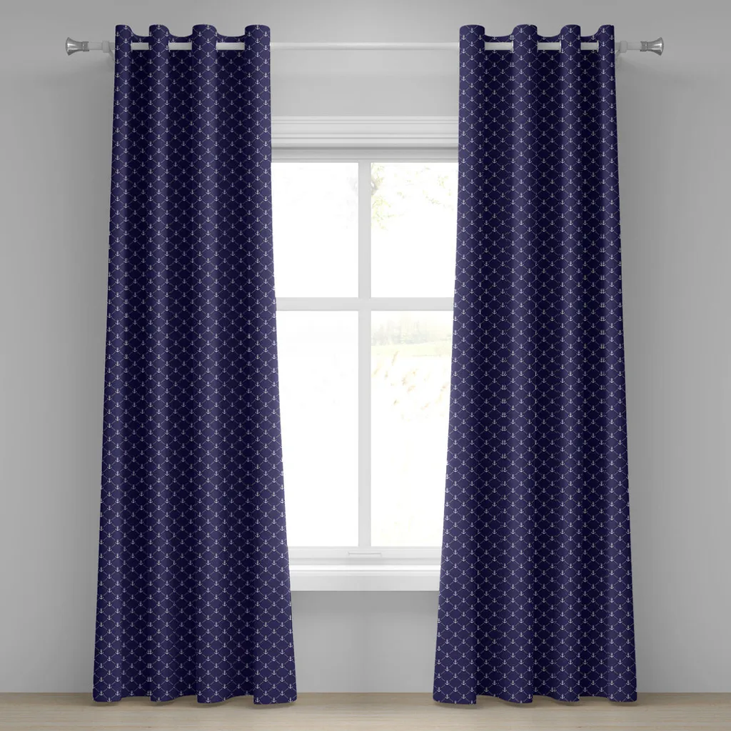ABAKUHAUS Tenda con occhielli, motivo a quadri con catena stilizzata e icona marina Ocean Cruise Vacation, tende decorative a 2 pannelli, 280 cm x 175 cm, blu reale e bianco