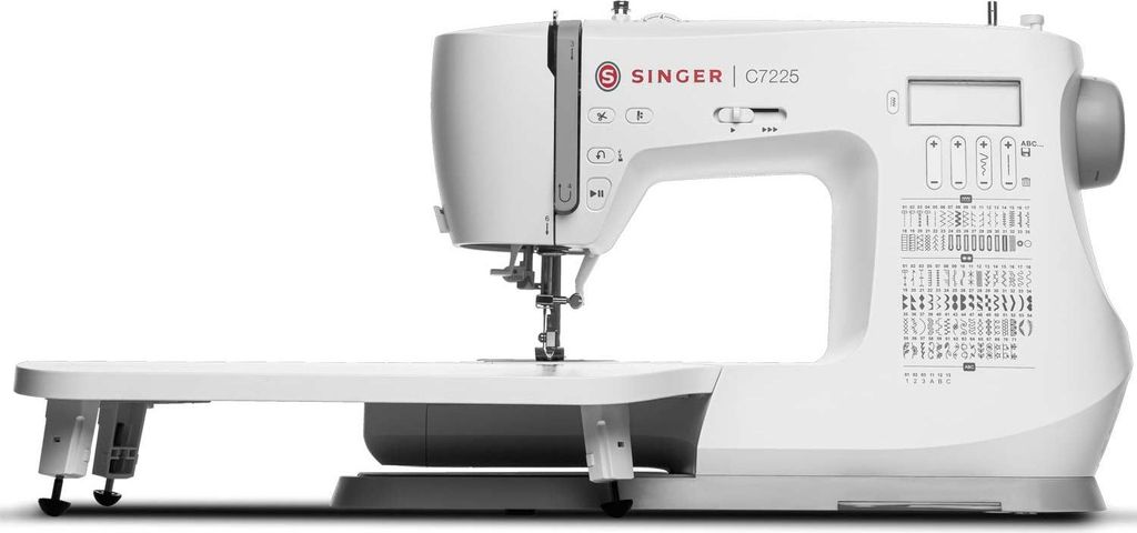 A white Singer C7225 computerized sewing machine is shown from a side angle against a white background.