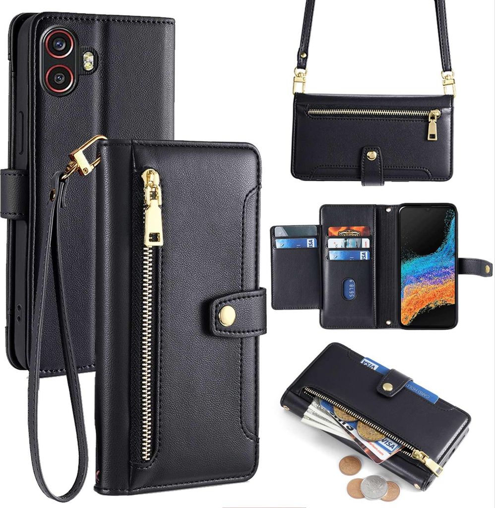 Handykette Samsung Hülle mit Band Handyhülle Kartenfächer Kunstleder Umhängetasche Galaxy Xcover 6 Pro Schwarz