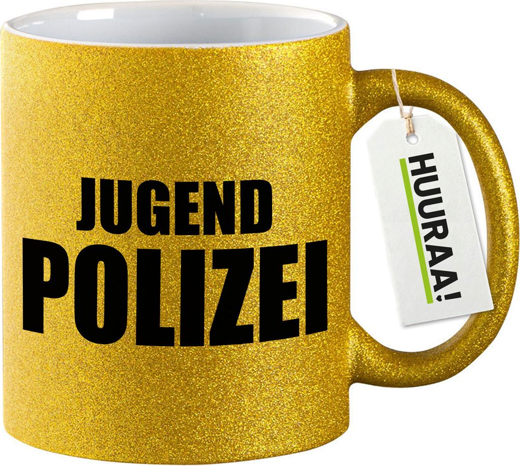 Huuraa Glitzertasse Jugend Polizei Schriftzug 330ml Gold Keramik Kaffeebecher Geschenkidee