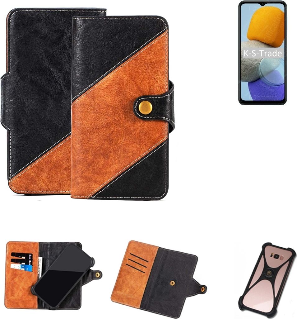 K-S-Trade Handyhülle Schutzhülle Bookstyle Case Wallet-Case kompatibel mit Samsung Galaxy M23 Handy Cover Bumper Klapphülle schwarz hellbraun 1x