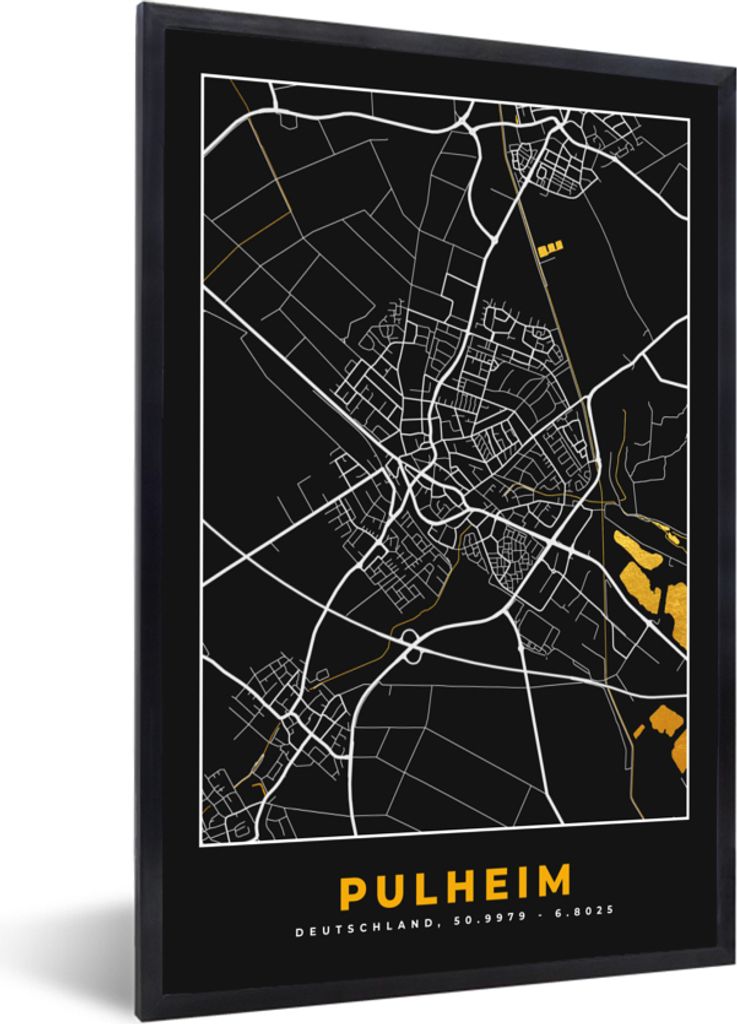 MuchoWow Gerahmtes Poster Gold - Deutschland - Karte - Stadtplan - Pulheim 40x60 cm - Poster mit Schwarzem Bilderrahmen Wandposter Rahmen Foto Bi...