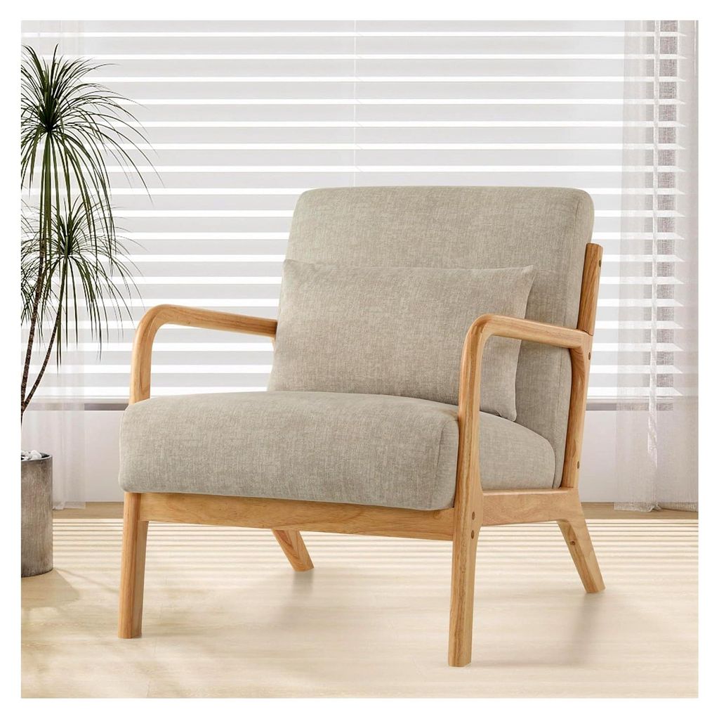 Akzent Sessel mit Kissen, Moderner Polstersessel für Wohnzimmer, Lounge-Stuhl mit Armlehnen und Holzrahmen, bequemer Lesesessel in Hellgrau