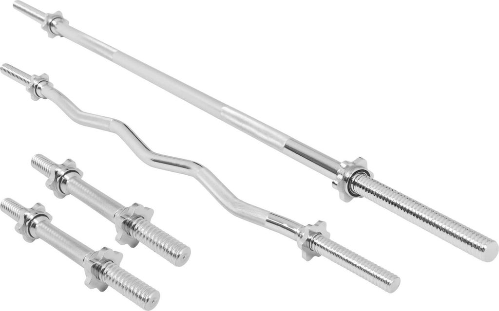 GORILLA SPORTS Hantelstangen Set - Langhantelstange 170cm, SZ Curlstange 120cm, 2 Kurzhantelstangen 35cm, 30 mm, 8 Sternverschlüsse, Verchromt -...