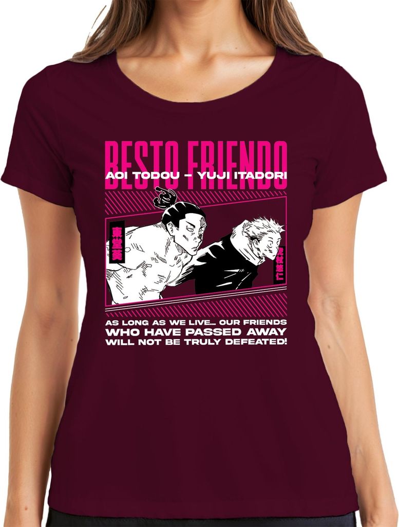 Jujutsu Kaisen Yuji Itadori Aoi Todou Friends Not Truly Defeated Damen T-Shirt, Burgundy, 3XL