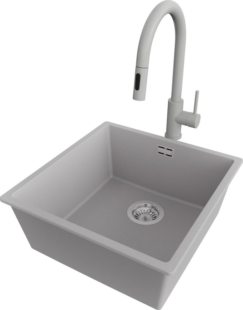 PRIMAGRAN Unterbauspüle Granit Grau 46x47cm, Spülbecken 1 Becken + Küchenarmatur 40x20cm + Ablauf-Set, Granitspüle ab 50er Unterschrank - London