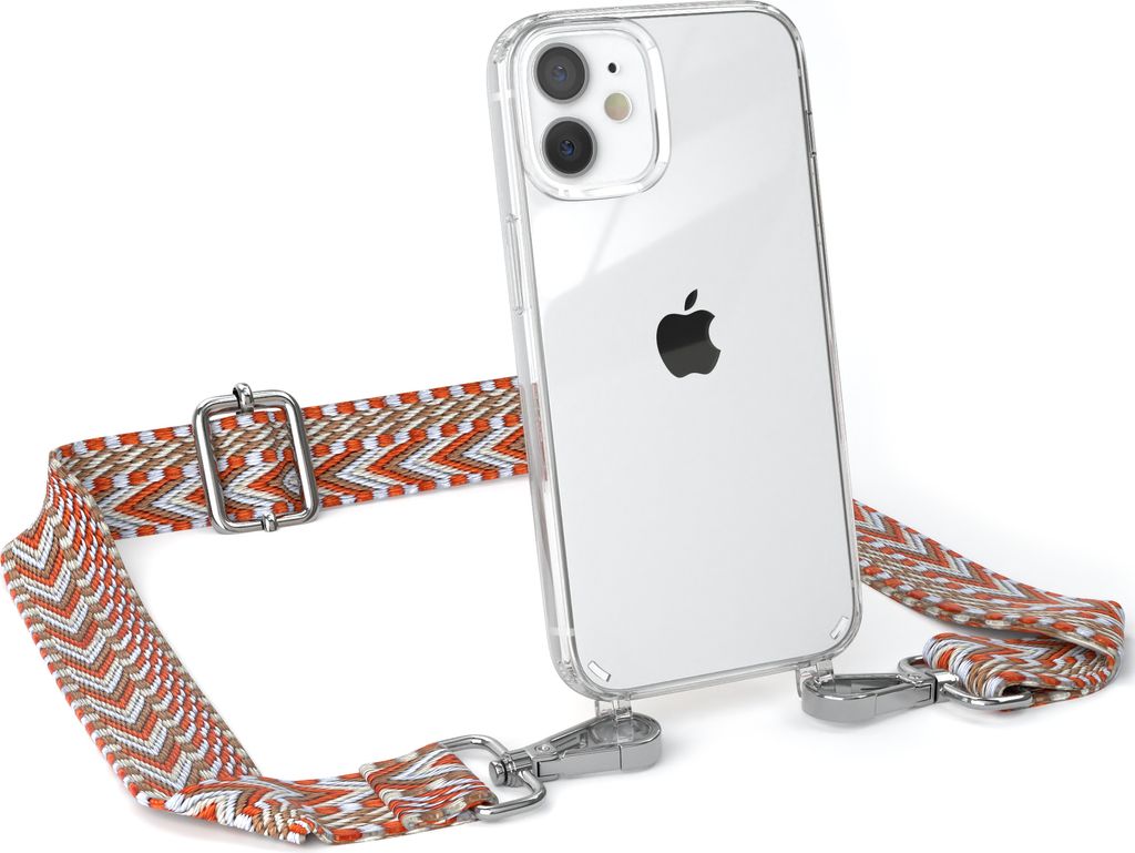 EAZY CASE Handykette - Verstellbarer Trageriemen kompatibel mit Apple iPhone 12 Mini, Handykordel mit transparenter Silikon-Hülle, Band in Orange