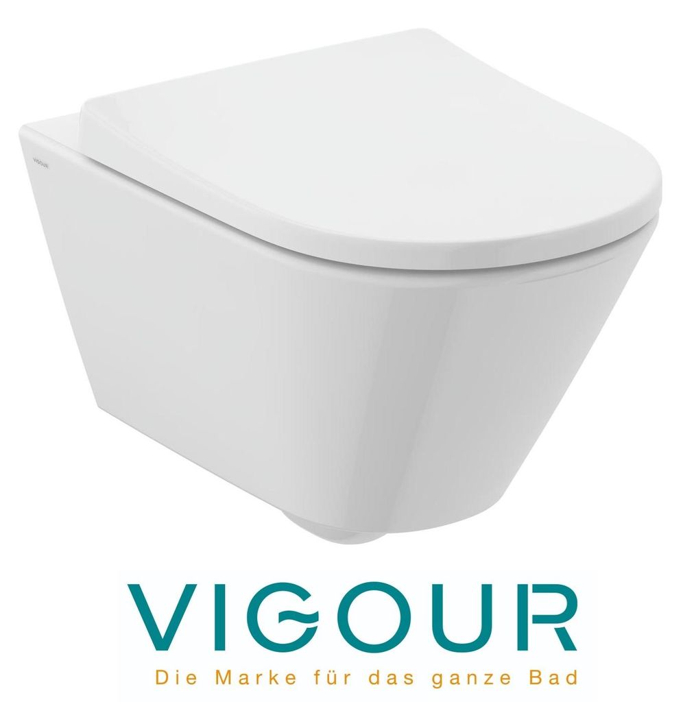 VIGOUR derby V3 Wand-WC-Set spülrandlos verdeckte Befestigung PflegetectPLUS Beschichtung WC-Sitz abnehmbar mit Absenkautomatik, weiß