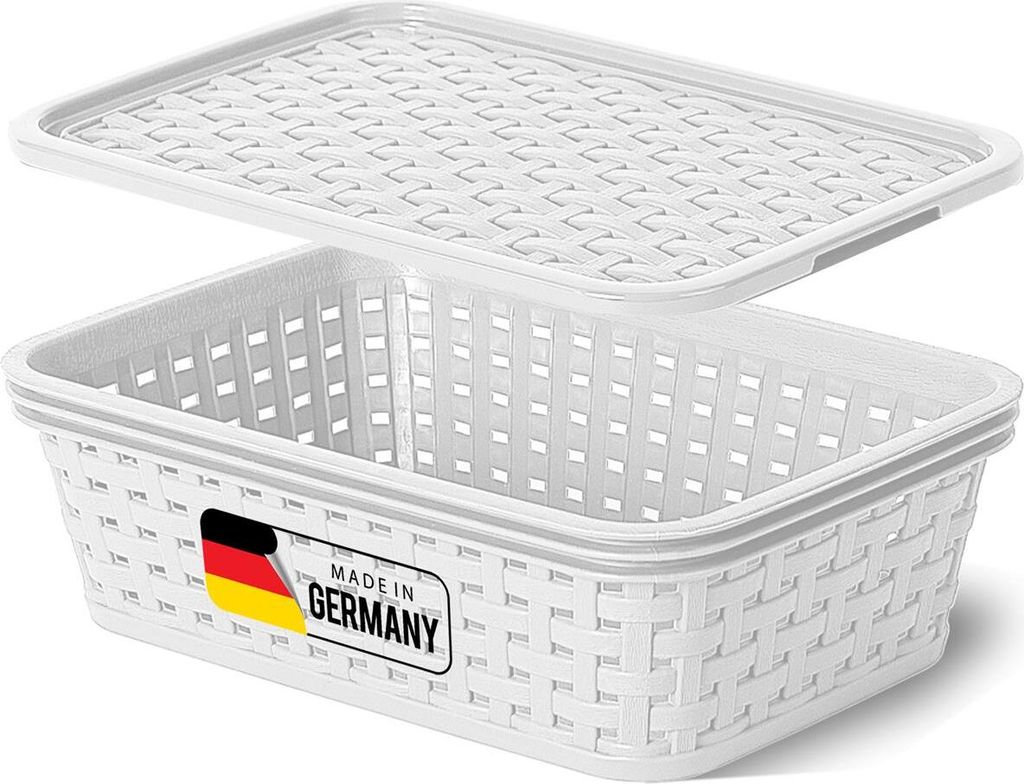 Novaliv Aufbewahrungsbox mit Deckel Mini 1L Korb Weiß in Rattan Design Lebensmittelecht Aufbewahrungskorb Stapelbox Nestbar Kunststoff BPA-frei Ki...