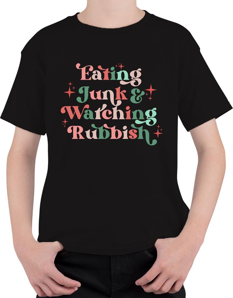 Eating Junk Watching Rubbish Binge Couch Wochenende Lustig Uni Kinder T-Shirt, Schwarz, 140