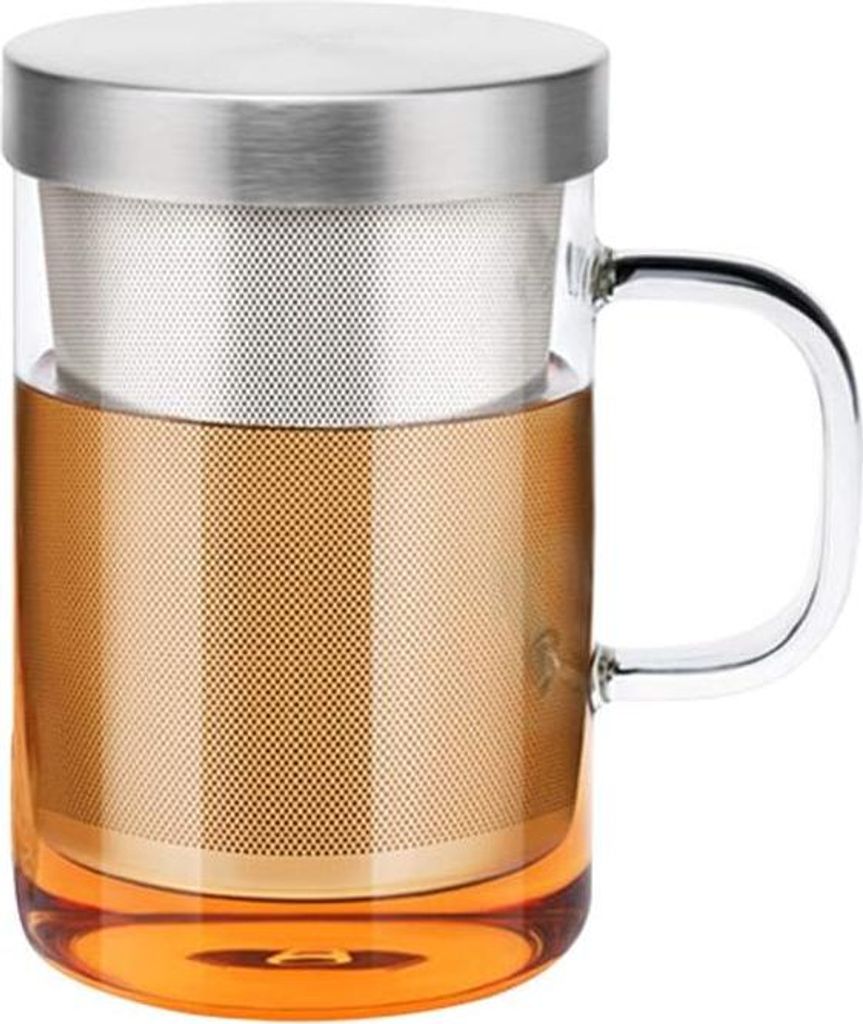 Teetasse mit Edelstahl-Ei und Deckel - 450ml - Borosilikatglas - Kalt- und hitzebeständig - Für Zuhause und Büro - Tee trinken - Teeglas mit Filter