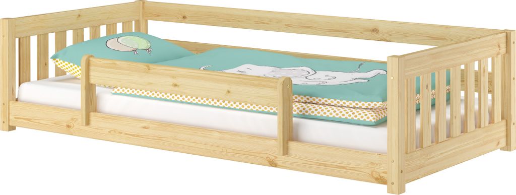 Niedriges Kinderbett Bodenbett 90x200 Kiefer massiv Zubehör wählbar V-60.28-09mit Kindersicherung und Rollrost inkl.