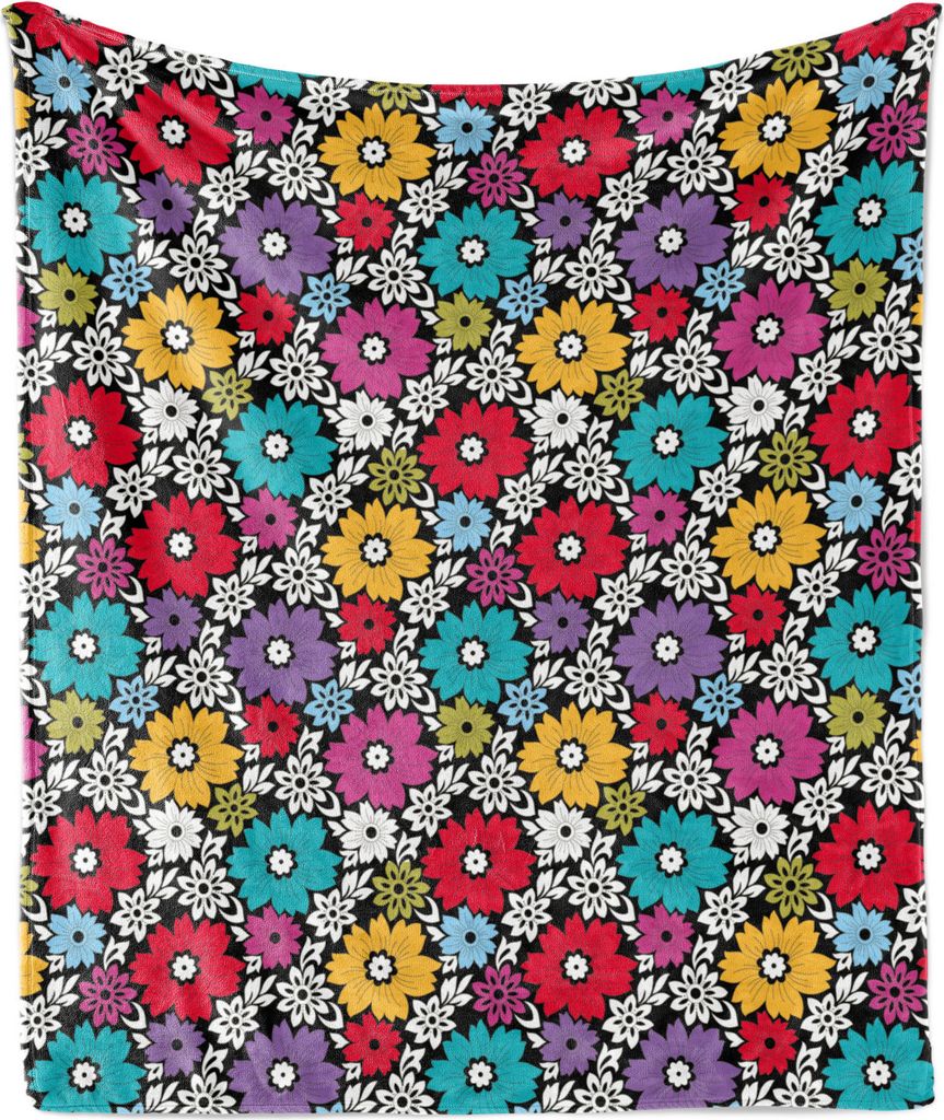 ABAKUHAUS Blumen Weich Flanell Fleece Decke, Zier Bunte Blumen und weiße farbige Blumenelemente, 175 x 230 cm, Koksgraue und Mehrfarbig