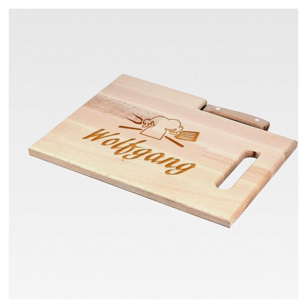 Frühstücksbrettchen mit Messer - Schneidebrett 30,5 x 23 cm mit Gravur - Personalisiert - Geschenk zum Geburtstag - Motiv Kochmütze