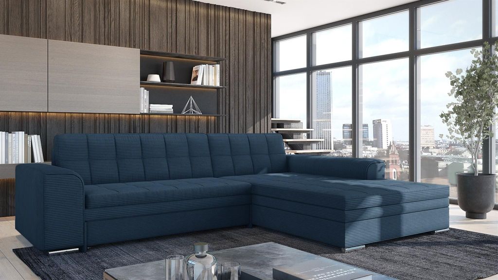 Ecksofa Schlafsofa Sofa LUSAKA in Stoff Lincoln Dunkelblau Ottomane Rechts