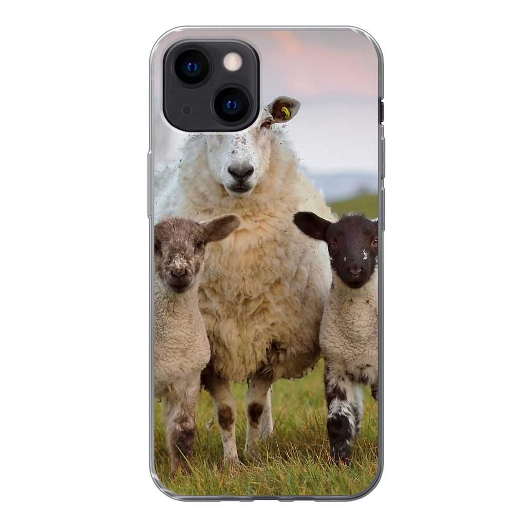 MuchoWow Handyhülle Schutzhülle Hülle für iPhone 13 mini Schafe - Natur - Schwarz - Weiß Silikon Softcase Handy Hülle - Softcase