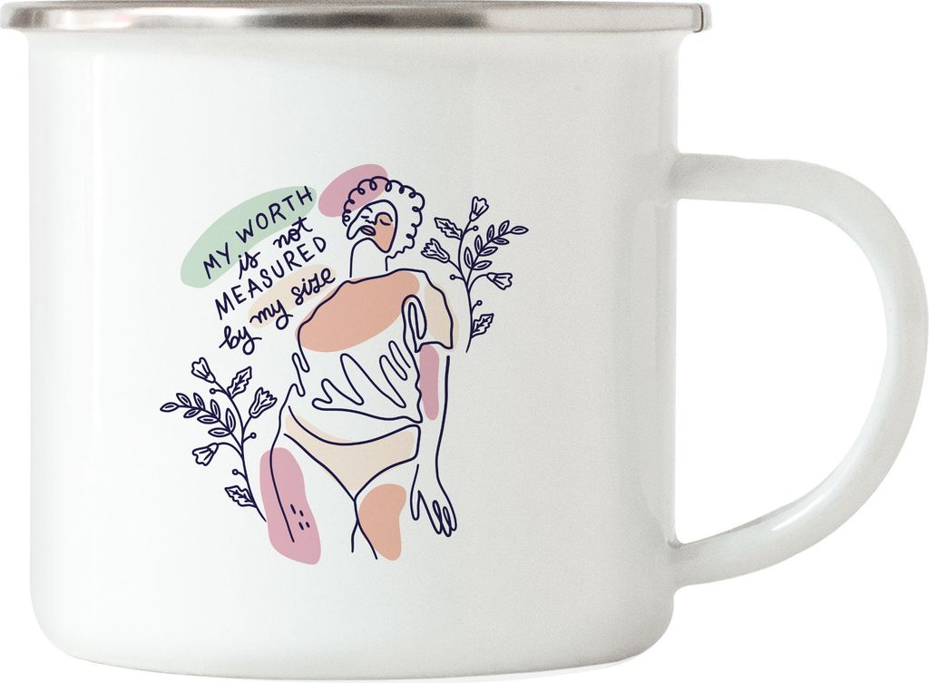 My Worth Is Not Measured By Size Emaille Tasse Spruch Body Positivity Frauentag Selbstbewusstsein