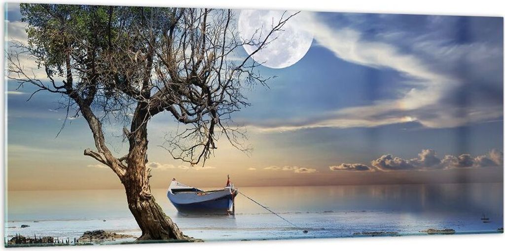 Bilder auf glas - Nacht Mond Boot - 120x50cm - Glasbilder - Wandbilder - Kunstdruck - zum Aufhängen bereit - Wanddekoration aus Glas - Glas Bilder...