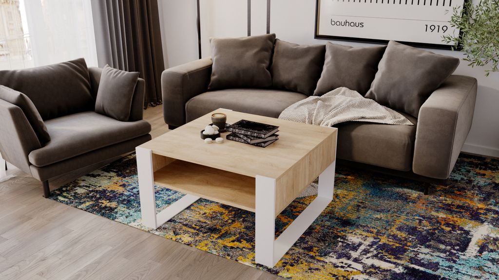 Couchtisch - modernes rustikales Design - Wohnzimmer-Tisch Beistelltisch Kaffeetisch Sofatisch Teetisch aus Holz Eiche - Weiß Matt - 68x45x71,5