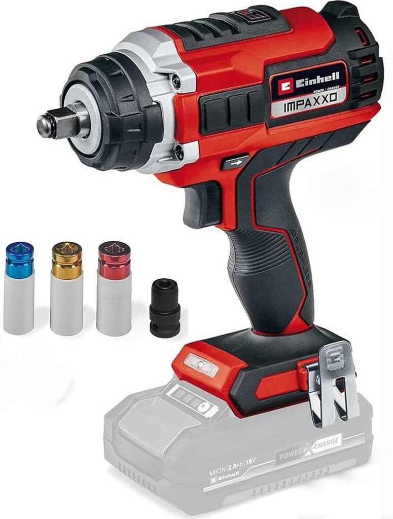 A cordless impact wrench with several socket attachments, presented on a white background.