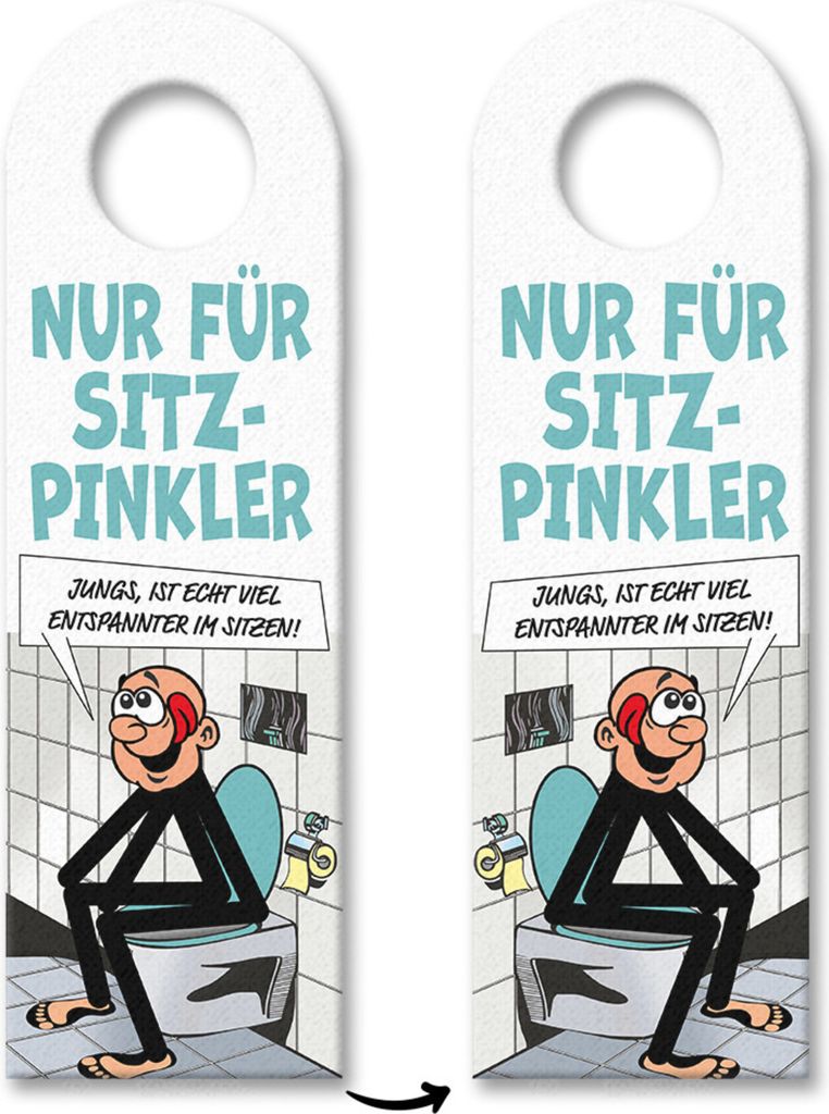 Bitte im Sitzen pinkeln Türhänger 10er Set im Comic-Stil in weiß türkis