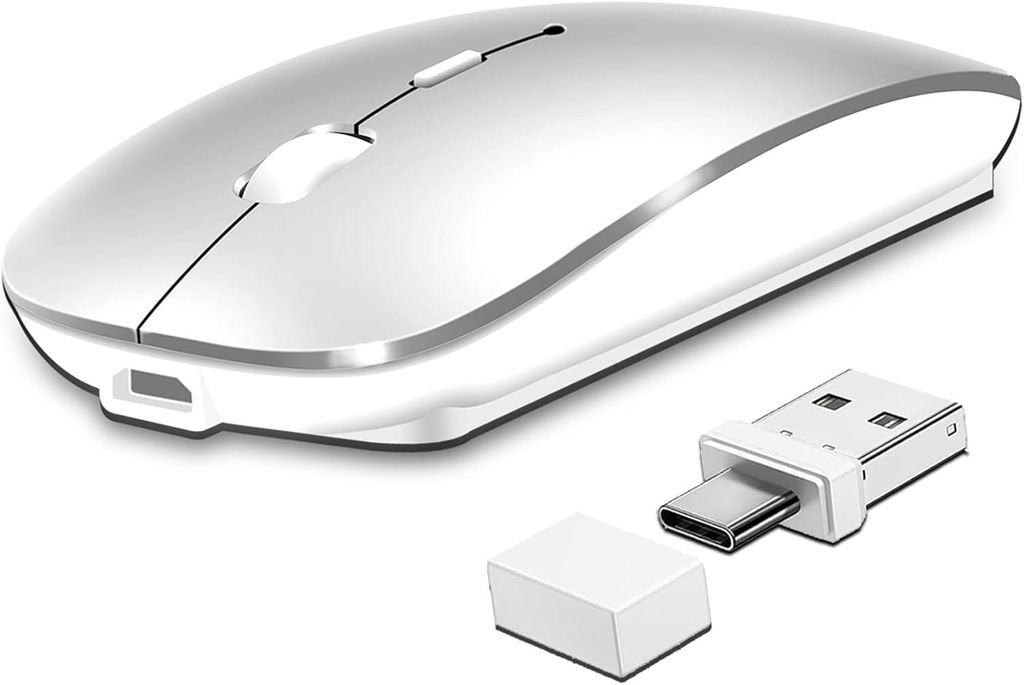 Kabellose Maus Bluetooth 5.2/3.0 & 2.4GHz USB/USB-C Empfänger – Wiederaufladbar, Leise, 800mAh Akku, 3 Modi, DPI 800–1600, für Laptop, Tablet...