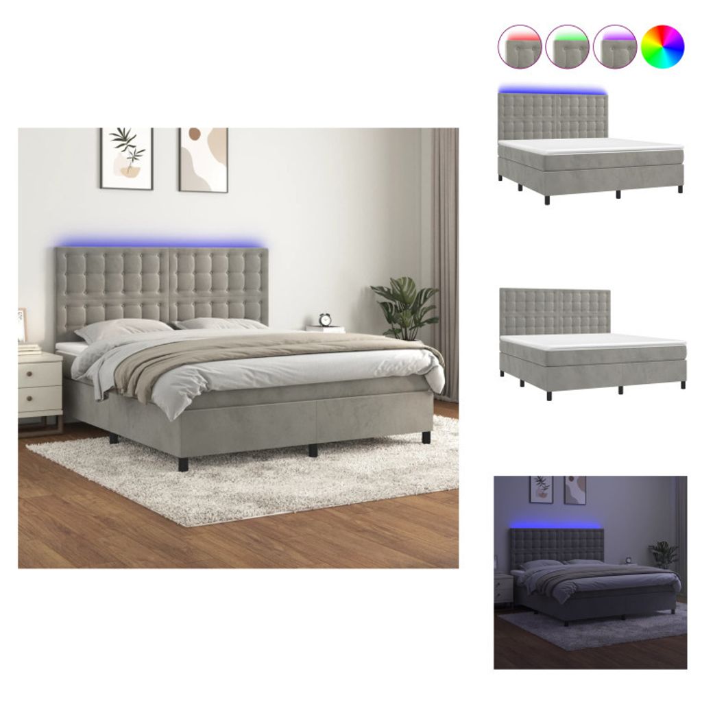 vidaXL Boxspringbett mit Matratze & LED Hellgrau 160x200 cm Samt - Betten & Bettgestelle