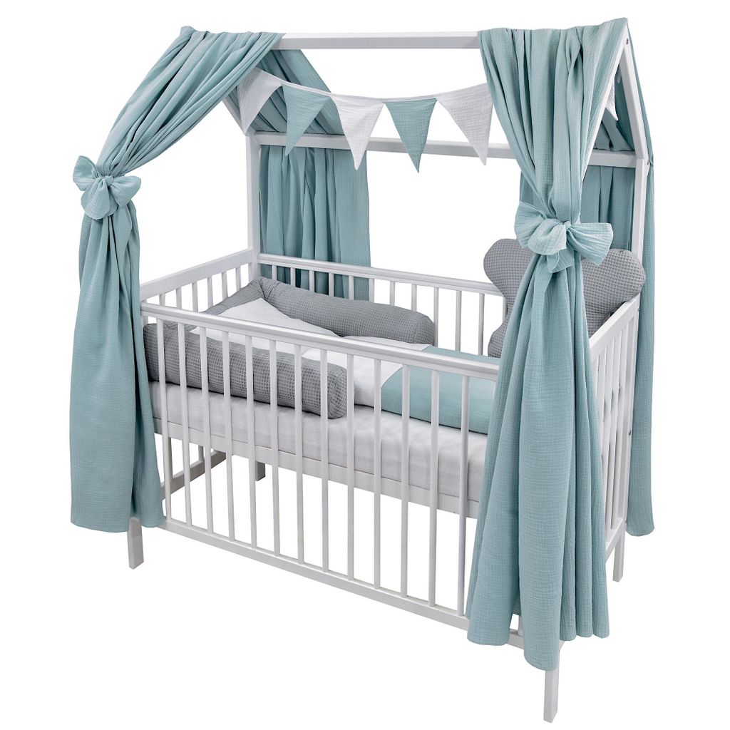 Baby-Delux Hausbett Himmel Musselin Betthimmel 2-er Set für Hausbett Kinderbett Baumwolle 160x300 cm Mint