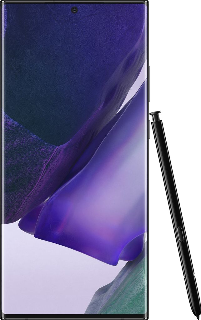 A black Samsung Galaxy Note20 Ultra 5G smartphone with its stylus is shown against a white background.