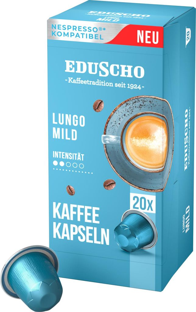 Tchibo Eduscho Lungo Mild Kaffeekapseln, 20 Stück, kompatibel mit Nespresso, milde Röstung, sanft und harmonisch im Geschmack, nachhaltig & fair ...