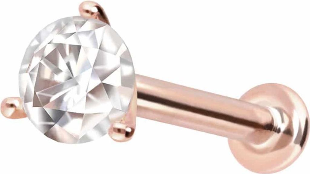 Ohrpiercing, Nasenpiercing 14 Karat Gold Labret mit Innengewinde MOISSANIT RoséGold Stablänge: 8mm | Stabstärke: 1,2mm | Kristallgröße: 3mm