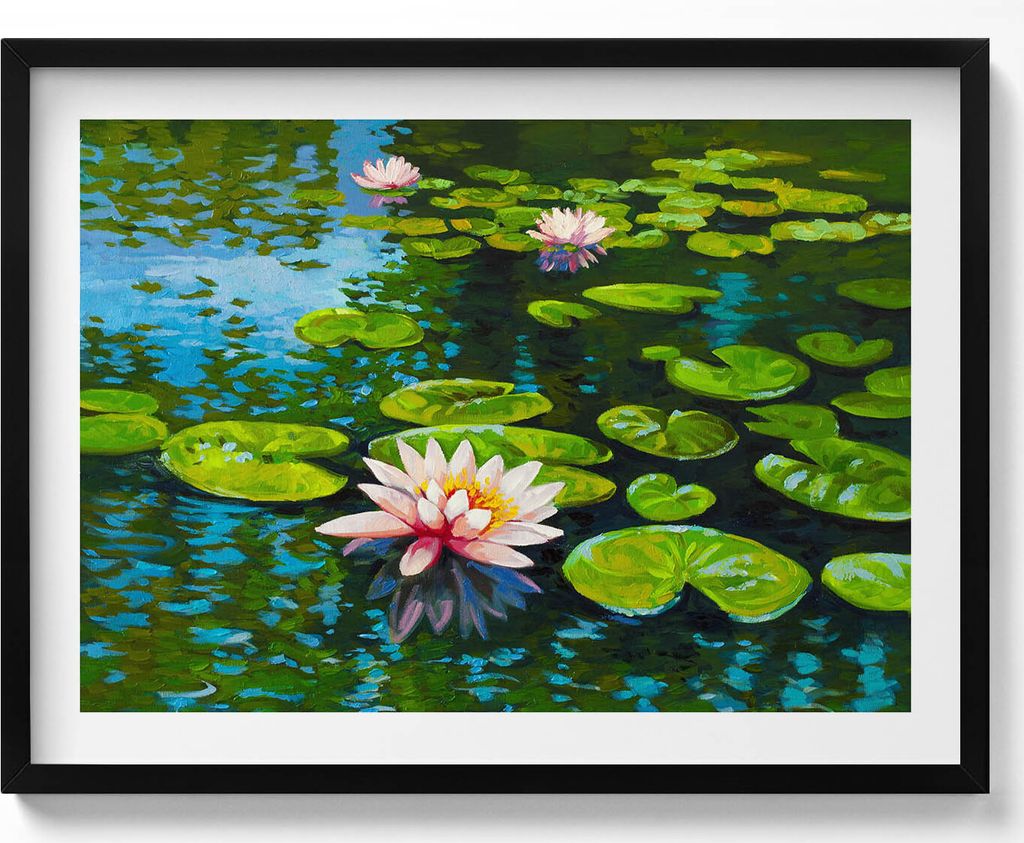 Malerei Wasserlilien– Wandbild mit Rahmen – Gerahmtes Bild – Wanddekoration – 80x60 cm – Schwarz Rahmen