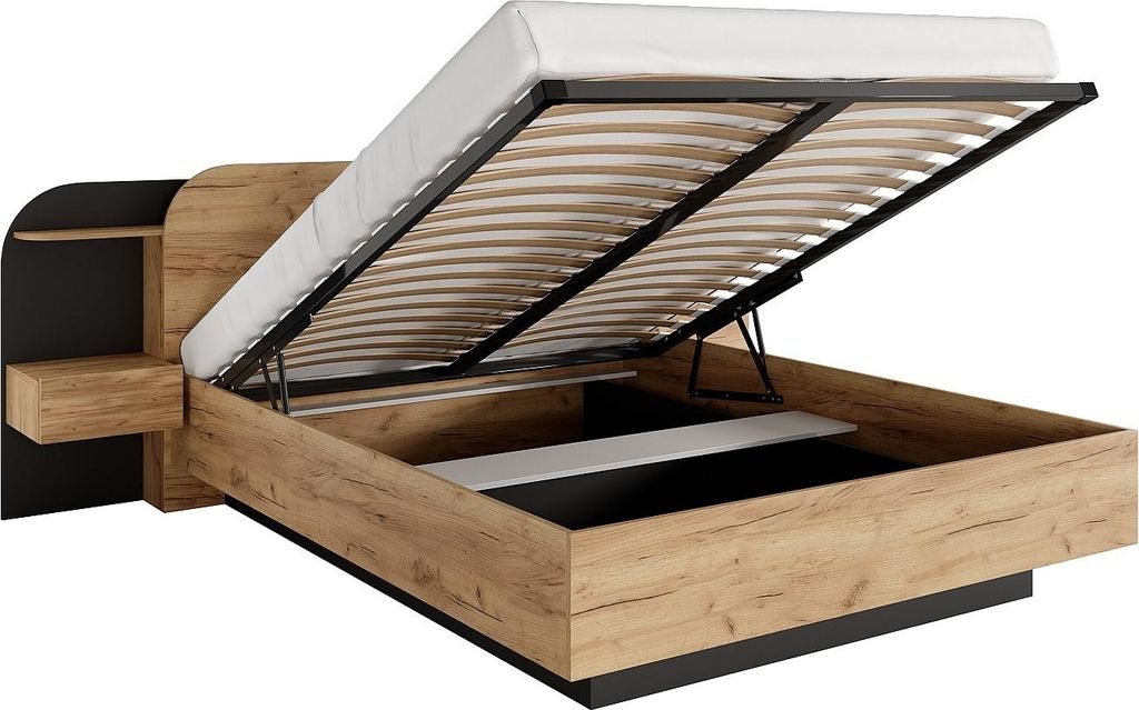 Bett mit Kommode und Nachttischen 160 x 200 cm - Mit LED-Beleuchtung - Natur und schwarz - JUVISIA